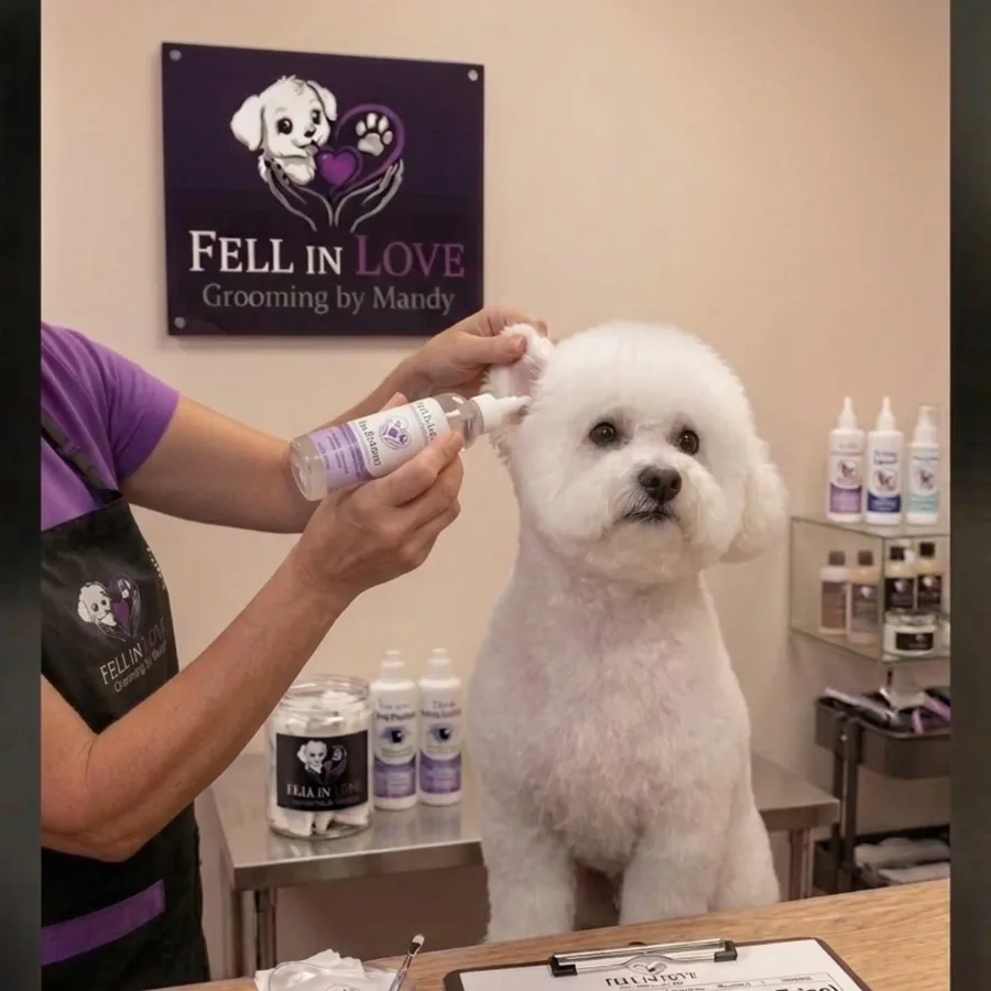 Ohrenpflege bei einem Bichon Frisé